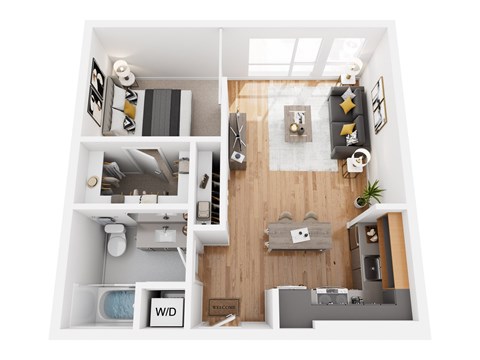 Floor plan for 1 bed, 1 bath, 648 sqft